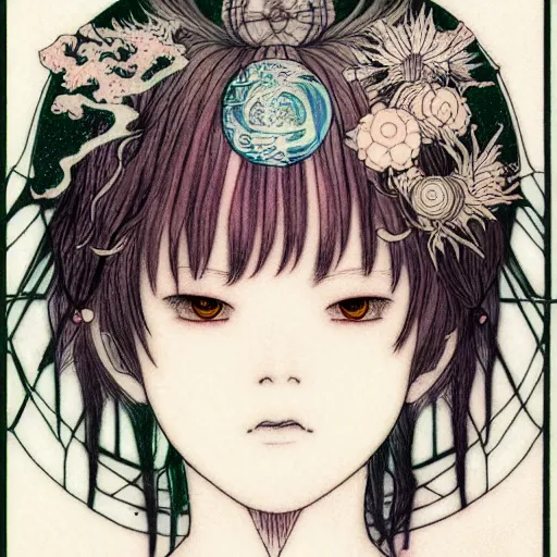 Prompt: prompt: Fragile looking character soft light portrait face drawn by Takato Yamamoto and Katsuhiro Otomo, tattooed face, inspired by Sailor Moon anime, alchemical objects on the side, soft light, intricate detail, intricate gouache painting detail, sharp high detail, manga and anime 2010