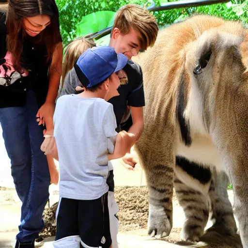 Prompt: Justin Bieber petting a bieber at the zoo.