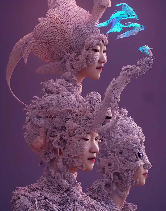 Image similar to 3 d goddess medium shot profile portrait. beautiful intricate highly detailed korean gumiho mask and traditional korean hanbok. stingray, magpie, stingray, magpie, bioluminescent, plasma, lava, ice, water, wind, creature, fog, artwork by tooth wu and wlop and beeple and greg rutkowski, 8 k trending on artstation,