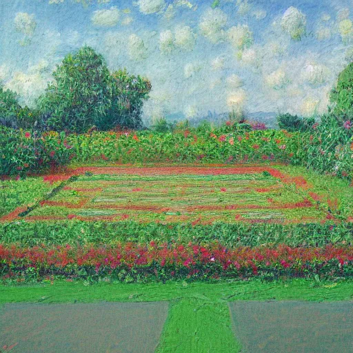 Prompt: clay tennis courts lined with flower laden hedges, impressionistic painting