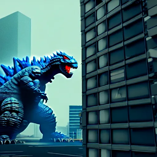 Image similar to mecha godzilla pushing down a building, photorealistic, 3 d, octane render, unreal engine