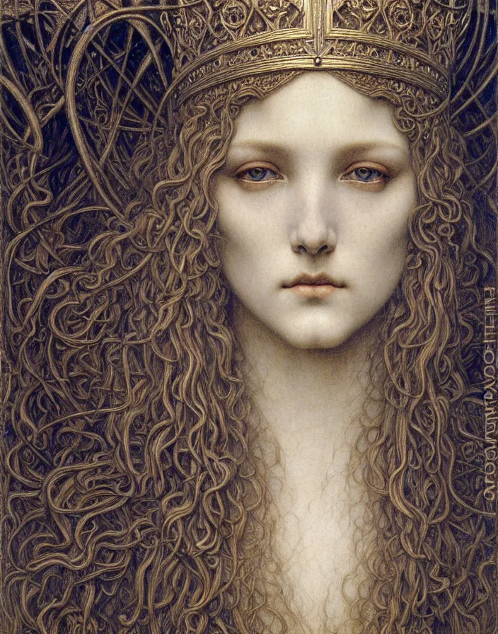 Image similar to detailed realistic beautiful young medieval queen face portrait by jean delville, gustave dore and marco mazzoni, art nouveau, symbolist, visionary, gothic, pre - raphaelite. horizontal symmetry