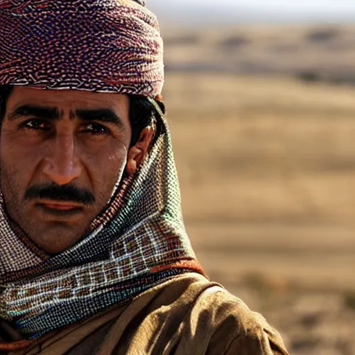 Image similar to Close up of a Kurdish shepherd wearing traditional Kurdish clothes in a movie directed by Christopher Nolan, movie still frame, promotional image, imax 70 mm footage