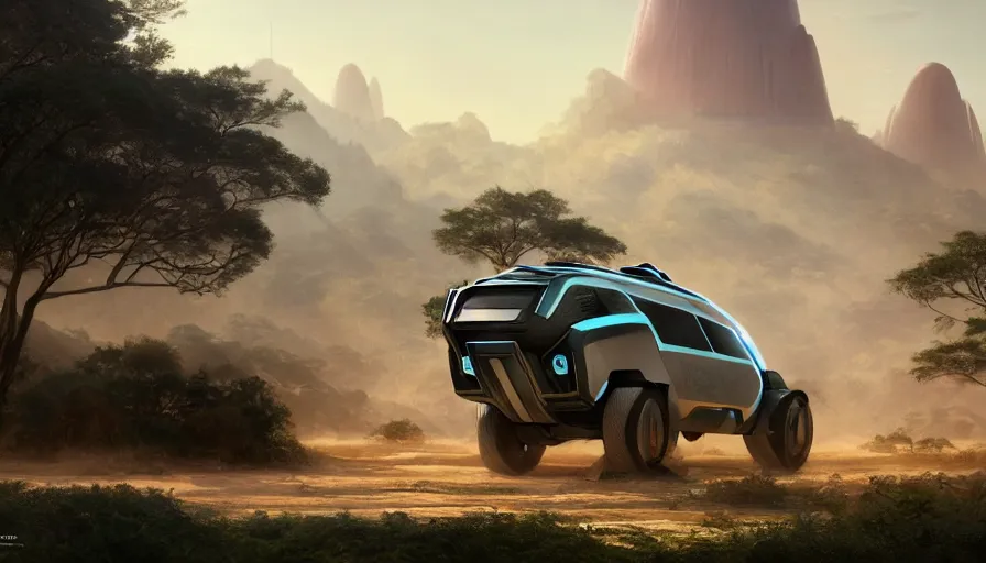 Image similar to a futuristic suv designed by ford driving through madagascar with baobabs trees, artgerm and greg rutkowski and alphonse mucha, an epic fantasy, volumetric light, detailed, establishing shot, an epic fantasy, trending on art station, octane render, midsommar