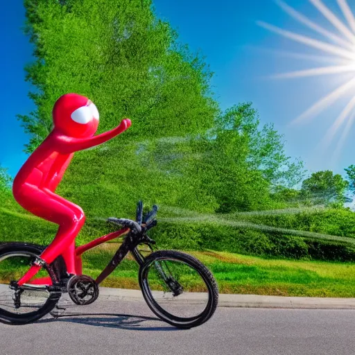 Prompt: wide shot of inflatable tube man riding a bicycle with natural light. high detail, ultrarealistic 4 k high shutter speed