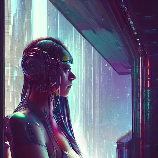 Image similar to portrait of cyberpunk woman looking out of a window, cyberpunk setting, futuristic, highly detailed, intricate lighting, digital painting, sharp focus, illustration, trending on artstation, art by anna dittmann.