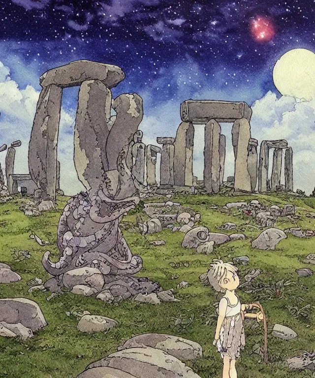 Image similar to a hyperrealist studio ghibli watercolor fantasy concept art. in the foreground is a giant grey octopus building and putting stones in to place on top of stonehenge with a starry sky. by rebecca guay, michael kaluta, charles vess