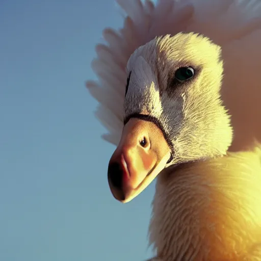 Prompt: closeup portrait of ryan gosling dressed as a goose, duck bill, feather suit, natural light, sharp, detailed face, magazine, press, photo, steve mccurry, david lazar, canon, nikon, focus
