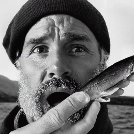 Image similar to photograph of steve zissou holding out a sardine for the loch ness monster, long shot