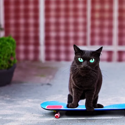 Image similar to salem the cat riding a skateboard looking extremely cool, 8 k, tv still