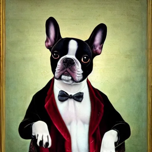 Prompt: Renaissance painting of a frenchie / boston terrier hybrid wearing a velvet suit