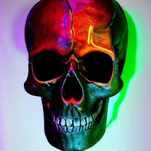 Prompt: realistic sculpture of a skull, dripping in neon paint