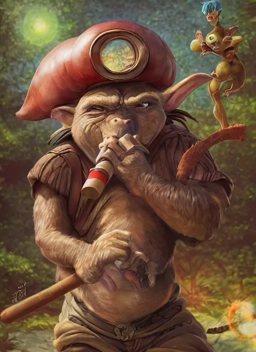 Image similar to boris vallejo and studio ghibli pathfinder 2 e illustration of a goblin mixed with a monkey smoking a cigar, pirate themed, character portrait, unreal engine, hyper realism, realistic shading, cinematic composition, realistic render, octane render, detailed textures, photorealistic, wide shot