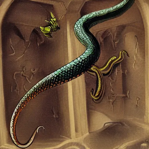 Image similar to a snake mixed with a lizard in humanoid form with one angelic wing on the left and one demonic wing on the right, arms crossed, in a dungeon