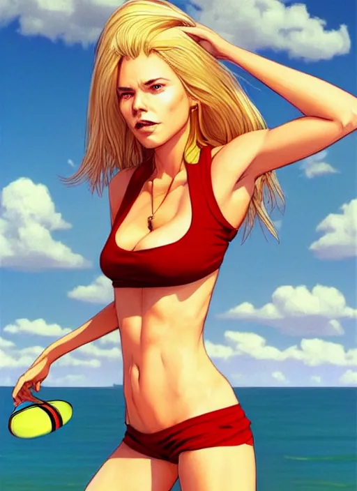 Image similar to , a gorgeous hulking woman with very long hip-length blonde hair, happy sunny day, wearing a cut-off white top and red dirt cut-off shorts standing by the water, beach tennis, modern architecture, in the style of artgerm and moebius and annie liebovitz, marvel comics, photorealistic, highly detailed, trending on artstation, Gediminas Pranckevicius