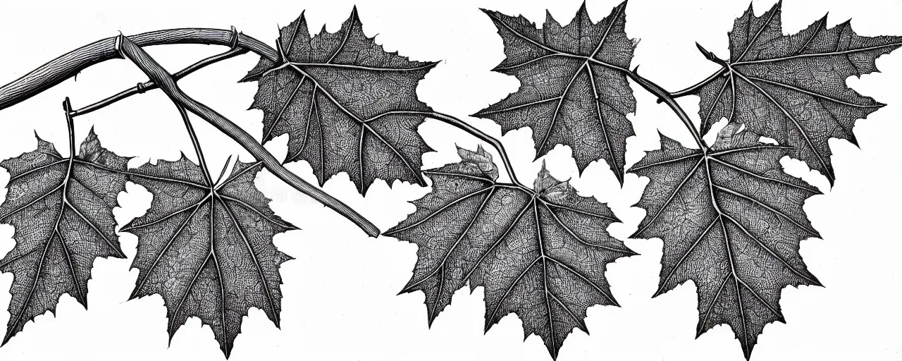 Image similar to a full page schematic diagram illustration of a vine leaf with an oak acorn, ultra detailed, 4 k, intricate, encyclopedia illustration, fine inking lines