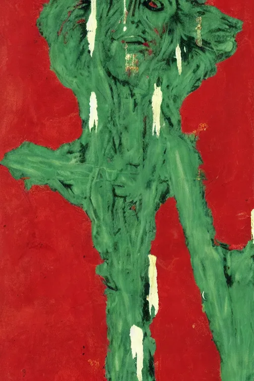 Image similar to green background with bloody christ crucified painted by cy twombly and andy warhol