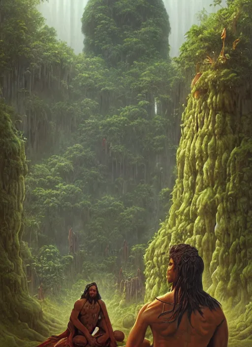 Image similar to a shaman sitting in the jungle, with giant faces of ancestors behind him, hyper detailed, art by christophe vacher