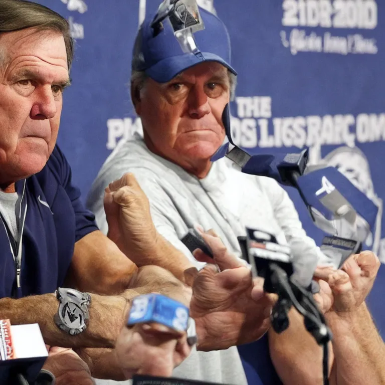 Image similar to Coach Belichick with a ripped physique answering questions from the media about steroid use