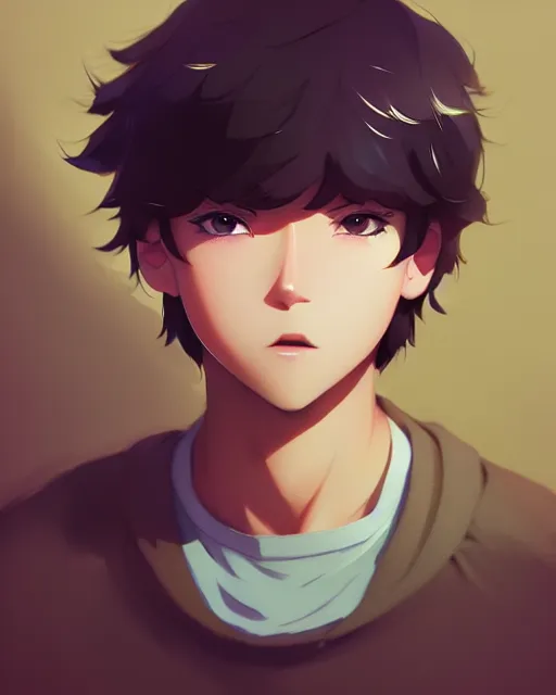 Prompt: teen boy with short hair, dark blonde, bangs, unibrow bushy eyebrows, mischievous grin, portrait shinkai makoto studio ghibli studio key hideaki anno sakimichan stanley artgerm lau rossdraws james jean marc simonetti elegant highly detailed digital painting artstation pixiv