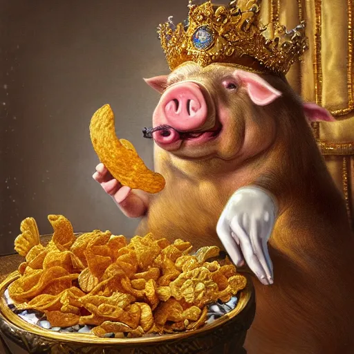 Image similar to pig wearing gold crown with mustache eating pork rind snacks, Realistic, Regal, Refined, Detailed Digital Art, Michael Cheval, Walt Disney (1937), François Boucher, Oil Painting, Steampunk, Highly Detailed, Cinematic Lighting, Unreal Engine, 8k