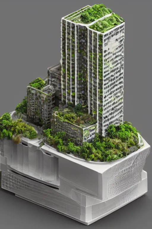 Image similar to 3 d printed physical model organic including more than one city into one vertical building model that sits on a table in a room with a view back with a golden rim details in the base, multiple stories, transparent, with vegetation, colorful, eye - level view, looking straigh ahead, 8 0 k, octane render, highly detailed 3 d render,