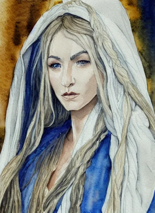 Image similar to watercolour of a female elven wizard with long wavy blond hair in a cloak, fantasy, hyperrealism