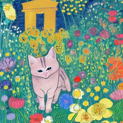 Prompt: cat playing in a garden of flowers, a mix media painting by Victo Ngai, laurel burch and Leonardo da Vinci and Natalia Goncharova, cluttered , child's drawing