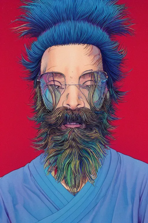 Image similar to a colorful closeup portrait of a young bald man with a very long wild beard dreaming psychedelic hallucinations in the vast icy landscape of antarctica, by kawase hasui, moebius and edward hopper, colorful flat surreal design, hd, 8 k, artstation