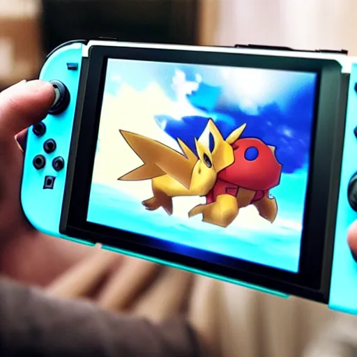 Image similar to “The Pokémon Koraidon looking at its reflection in a Nintendo switch screen, over-the-shoulder-shot, digital art”