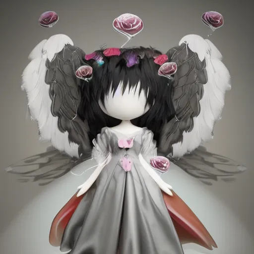 Image similar to cute fumo plush of a divine angel, gothic maiden, ribbons and flowers, ruffled wings, feathers raining, particle simulation, clouds, vray, horror storybook illustration