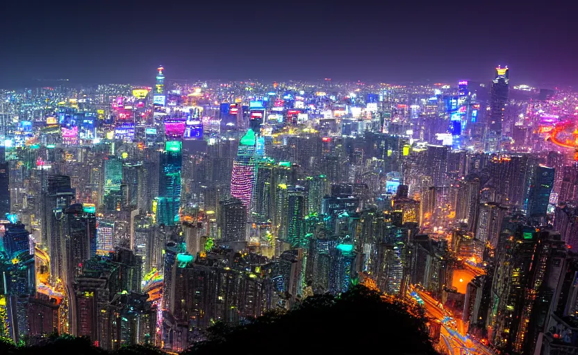 Image similar to 35mm photography landscape of Taipei in 2141, futuristic megacity skyline, neon towers in the rainy night