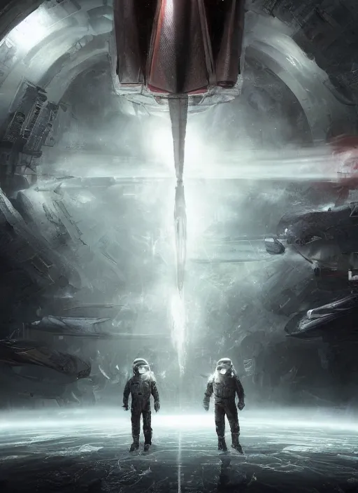 Prompt: concept poster art by craig mullins infrared complex and hyperdetailed technical astronauts floating in futuristic dark and empty spaceship underwater. reflection and dispersion materials. rays and dispersion of light. volumetric light. 5 0 mm, f / 3 2. noise film photo. flash photography. unreal engine 4, octane render. interstellar movie art