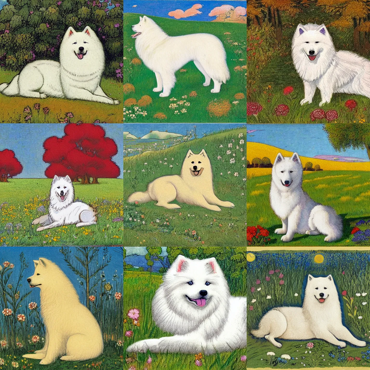 Prompt: a samoyed dog sitting in the middle of a sunny meadow, by Ivan Bilibin