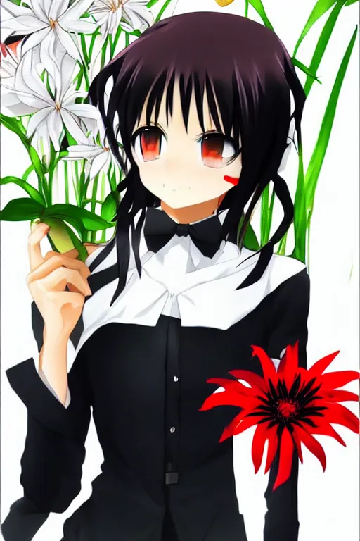 Image similar to Key anime visual of a beautiful girl with black hair and red eyes holding a spider lily; wearing white blouse with black tie; trending on Pixiv; digital art