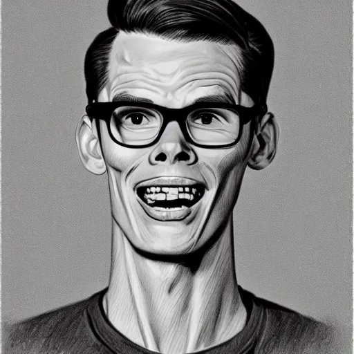 Image similar to A 1950s Style Comic-Like Drawing of iDubbbz, grainy, realistic, hyperrealistic, very realistic, very very realistic, highly detailed, very detailed, extremely detailed, detailed, digital art, trending on artstation, detailed face, very detailed face, very detailed face, realism, HD Quality, 8k resolution, intricate details, body and head in frame, drawing, inked drawing, comic drawing, neat drawing, 1950s, 50s, in the style of Frank Hampson, in the style of Frank Bellamy, in the style of Dave Gibbons, in the style of Don Lawrence, in the style of Wally Wood