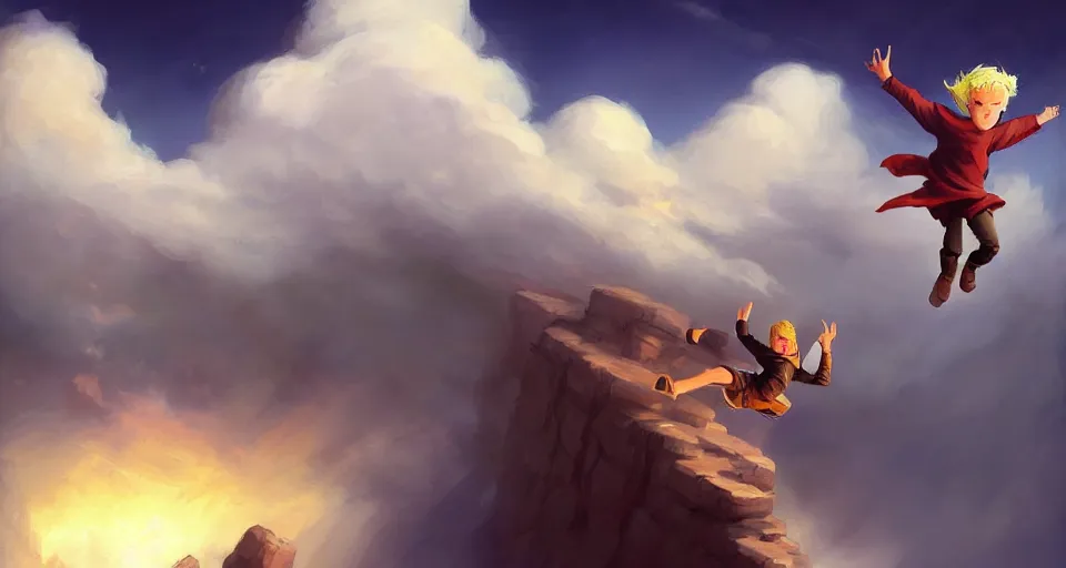 Image similar to a young blonde boy fantasy thief flying through the clouds, andreas rocha style