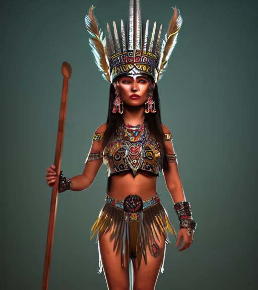 Prompt: character design, aztec warrior goddess with beautiful woman face, crown of very long feathers, full body, glowing aztec tattoos, beautiful, dark fantasy, super - resolution, ultra - hd, 1 0 8 0 p, vray