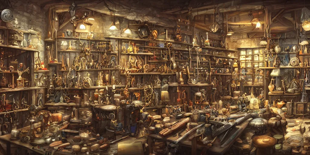 Prompt: Inside an old Weapon Shop, Items on shelves, Swords, Shields, beautiful labels, fantasy vendor interior, wide angle, highly detailed, rich bright colors, trending on artstation