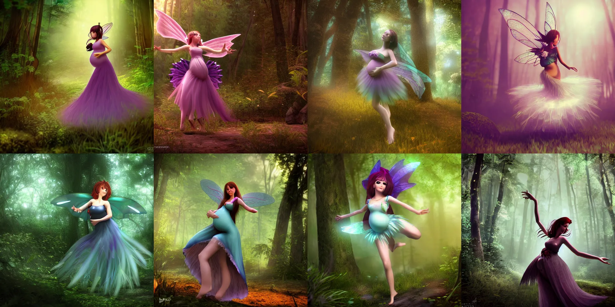Prompt: mastasia beautiful pregnant fairy dancing in a forest, cryengine, deviantart