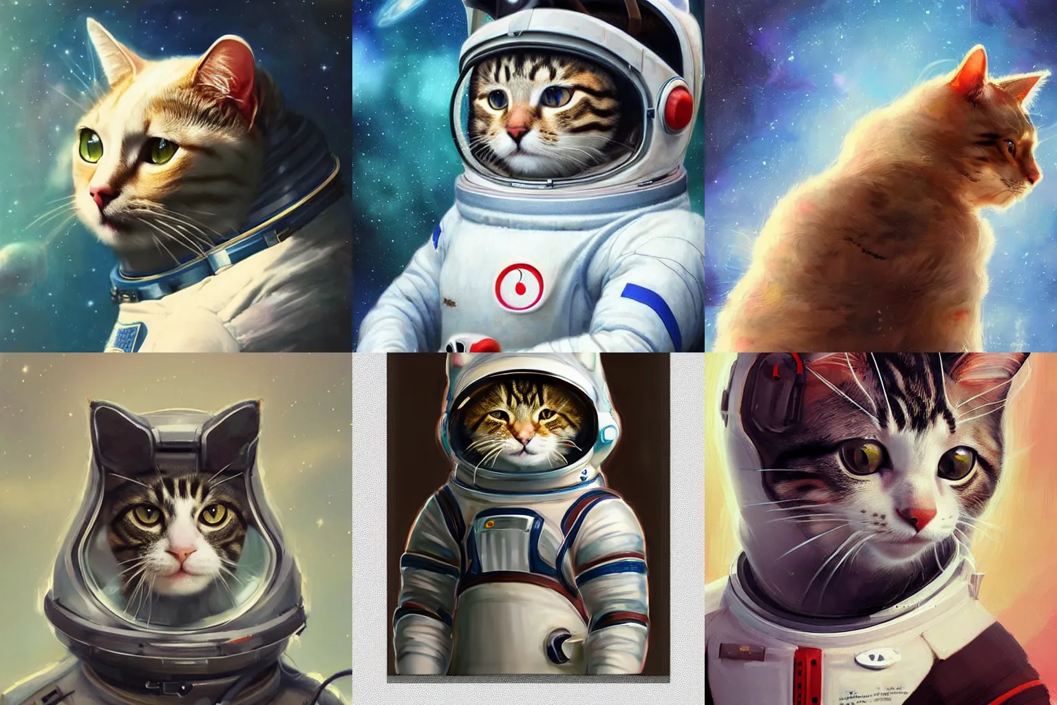 Image similar to head and shoulders masterpiece portrait of a cat wearing a spacesuit, surreal background, digital art by Krenz Cushart, trending on artstation, cgsociety,