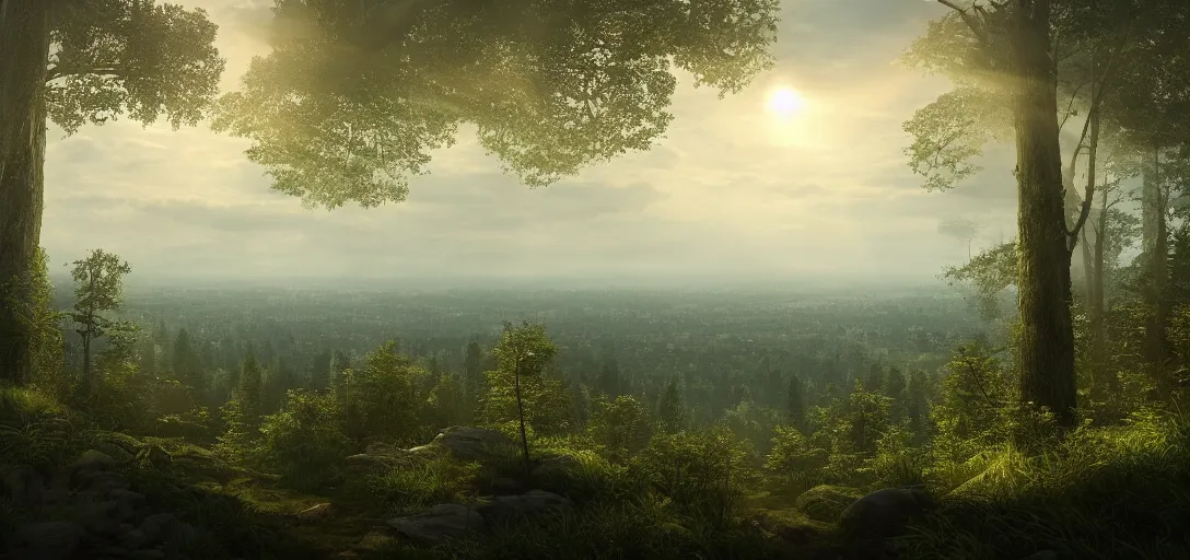 Prompt: beautiful view from the top of a forest looking out into the white city in the distance, a mystical atmosphere, dappled light, reflections, light rays. refraction, symmetry, cinematic lighting, ultra detailed, sharp, ambient occlusion, bloom, raytracing, by dylan cole, sebastian meyer and jordan grimmer