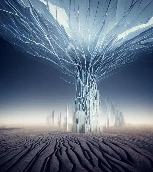 Prompt: surreal neuron city, elysian unfinished super tilted tower made of crystalized synapse, aerial iridecent veins, moonbow, inverted white massive veins of sand in the floor, in the desert, foggy sky, dark starry night, octane render, unreal engine, pale colors, high detail, 8 k, wide angle, trending on artstation, behance