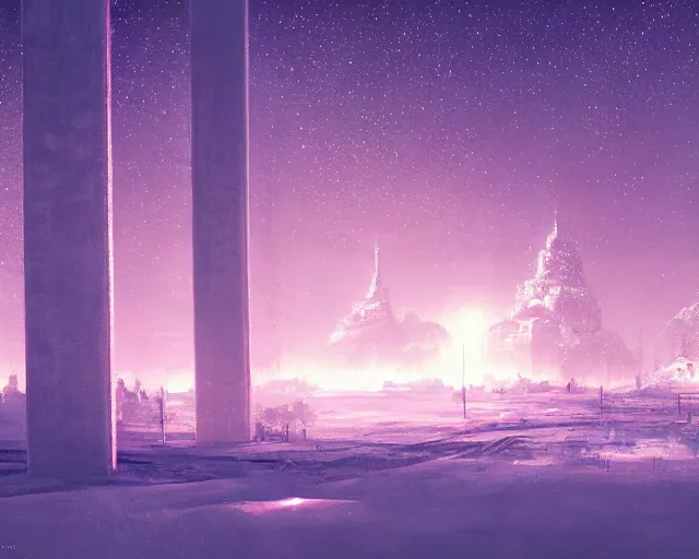 Prompt: scenery artwork, scene beautiful, light!! light essential futuristic winter world snow and night, surrealism oil on canvas, artstation!! pixiv!! dream scenery, quality astral projection render, nier automata concept art, vaporwave textures