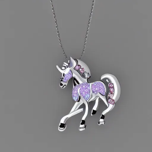 Image similar to a lovely silver cartoon unicorn necklace pendant, 3 d rendering, pandora style, tiffany style, swarovski style, van cleef & arpels style, cartier style, boucheron style, bulgari style, chaumet style, elegant, noble, stylish