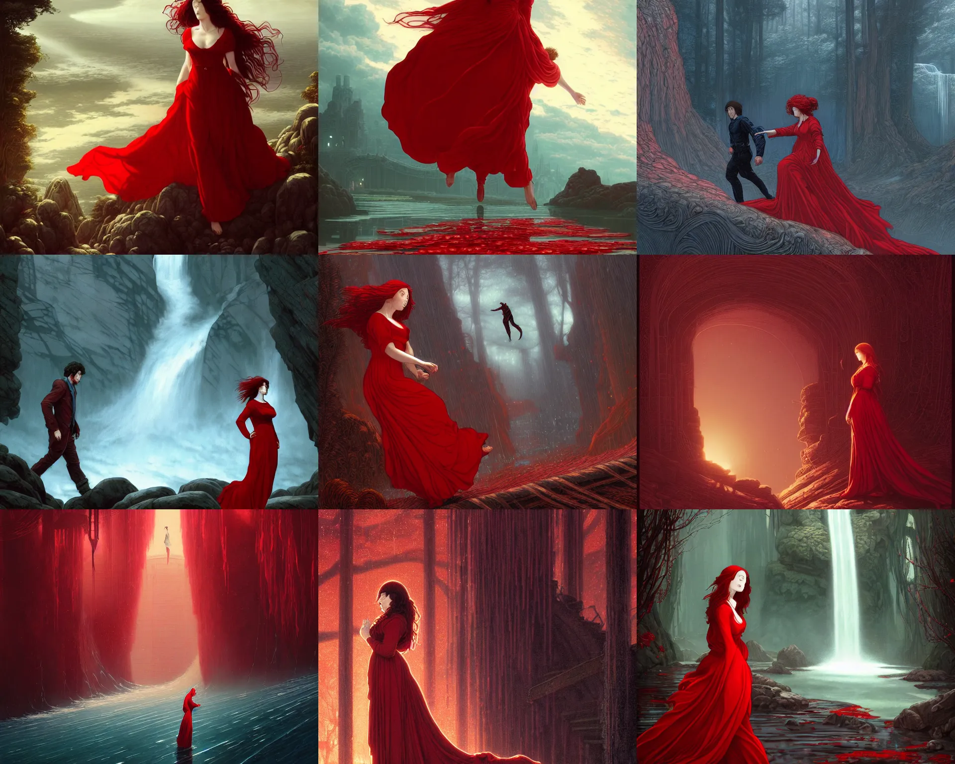 Prompt: a woman dressed in red is poised to lead a man through a cascade the pre - raphaelite man escape to the inner recesses of my mind a bleak dystopian future by dan mumford, yusuke murata, makoto shinkai, ross tran, cosmic, heavenly, god rays, intricate detail, cinematic, cel shaded, unreal engine, featured on artstation, pixiv
