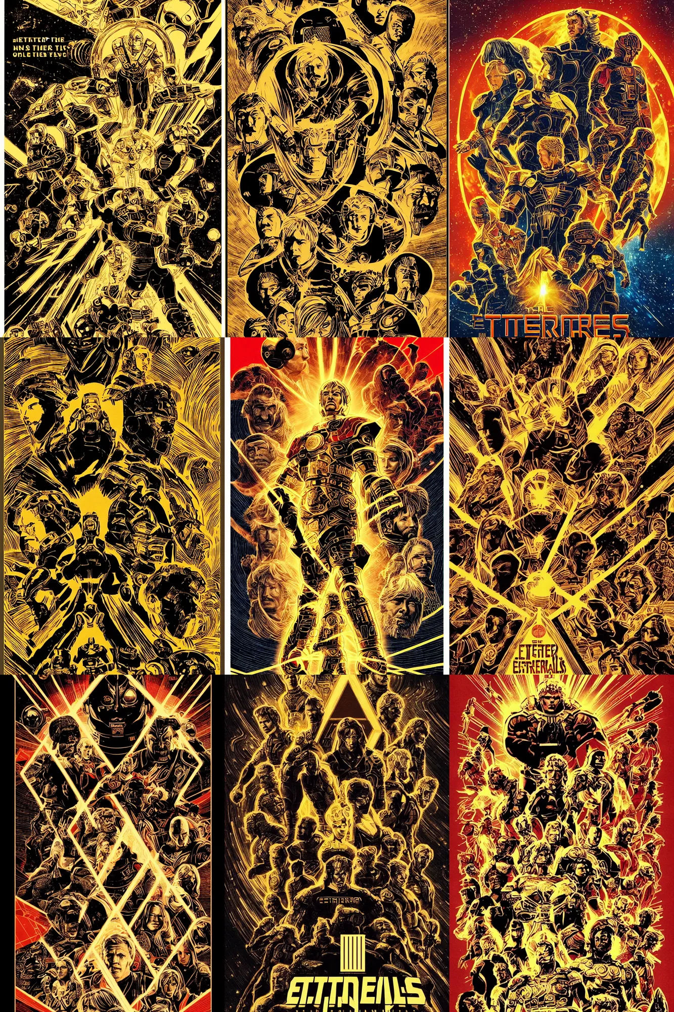 Prompt: the eternals movie poster (2021) in the style of wood block prints, limited palette, highly detailed, full size, centered mass, golden, epic, dark background of outer space, lasers, full cast, collage, award winning