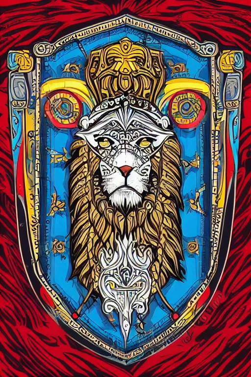 Image similar to Portrait of a lion in a medieval armor, colorful, illustration, highly detailed, simple, smooth and clean vector curves, no jagged lines, vector art, smooth