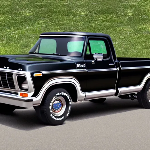 Prompt: Photorealistic 1979 black ford f100 sidestep pickup truck with factory white pin striping