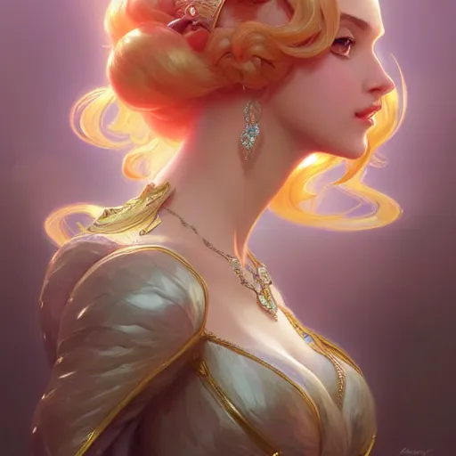 Image similar to Princess Peach, fantasy, intricate, elegant, highly detailed, digital painting, artstation, concept art, matte, sharp focus, illustration, art by Artgerm and Greg Rutkowski and Alphonse Mucha